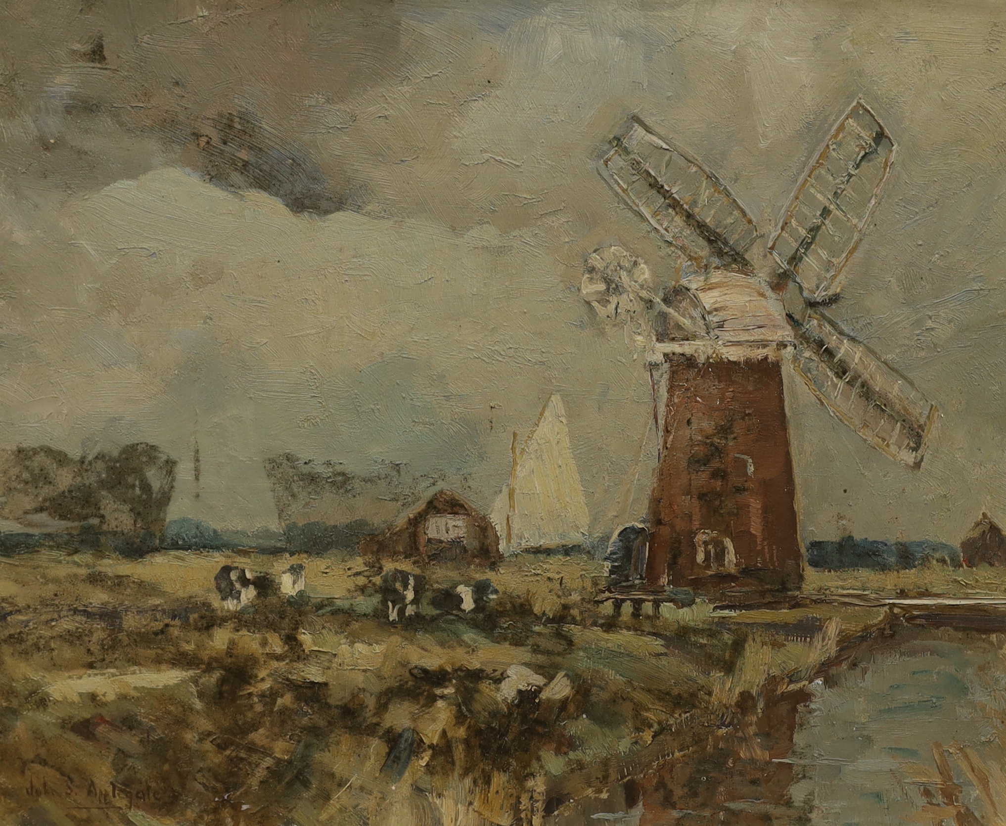 John S Applegate (20th. C), Impressionist oil on board, Rural landscape with windmill, signed, 38 x 49cm